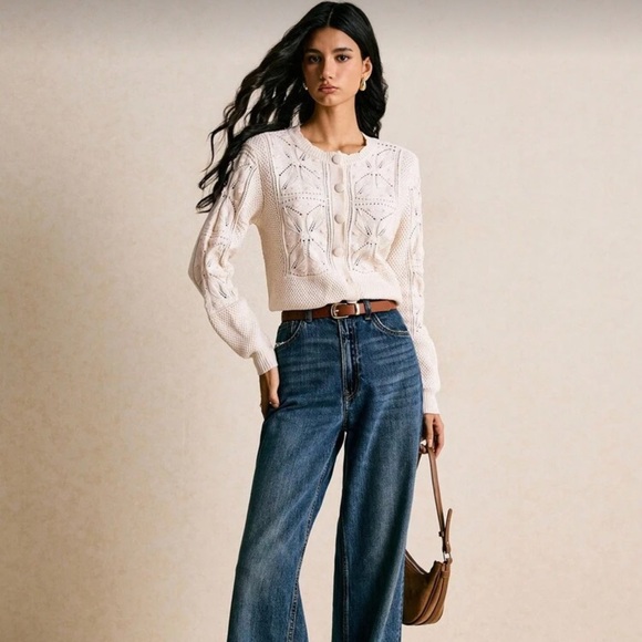 Scalloped collar button up knit cardigan sweater crochet boho cream cottagecore - Picture 6 of 8